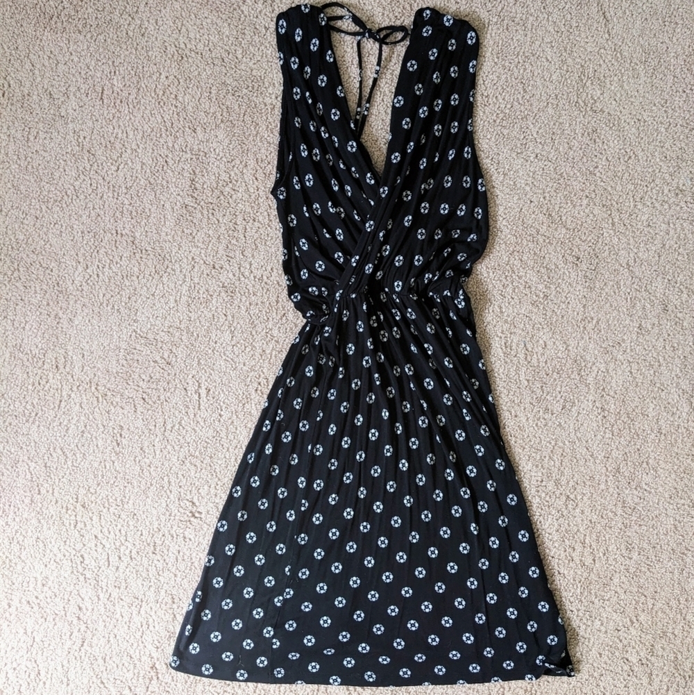 Loft XS Petite Black Print Faux Wrap Dress